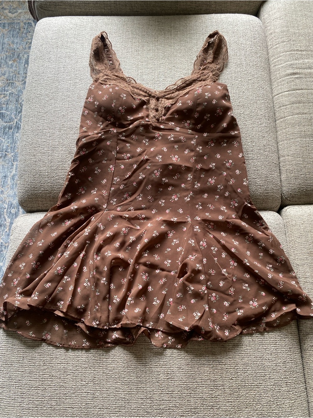Abercrombie and Fitch Bra-Free Lace-Trim Button-Through Mini Dress —Brown Floral - Picture 2 of 9